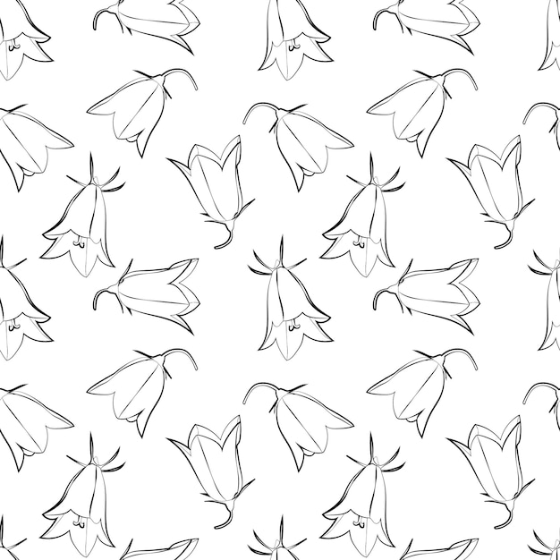 A set of seamless backgrounds with leaves and flowers Line drawing Black white Bellflower