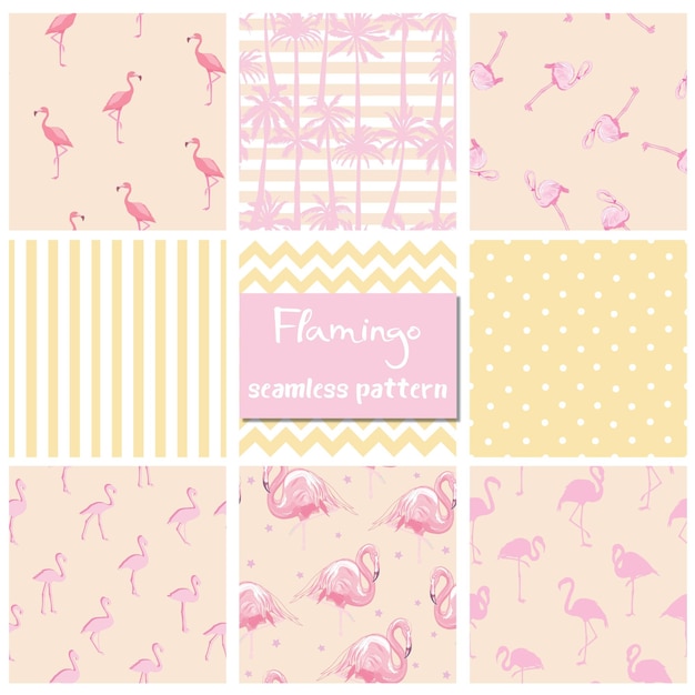 Set seamless backgrounds with pink flamingos and anchors gray