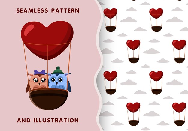 Set di modelli di palloncini senza cuciture a forma di cuore e illustrazione vettoriale con gufi innamorati