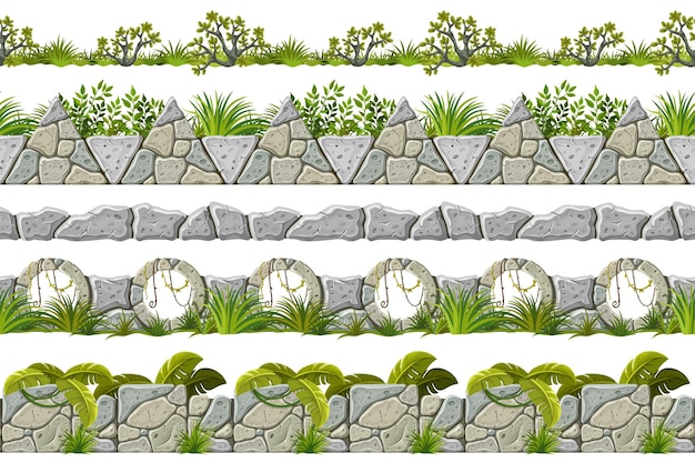 Vector set of seamless border old gray rock and grass vector stone sidewalks with leaves