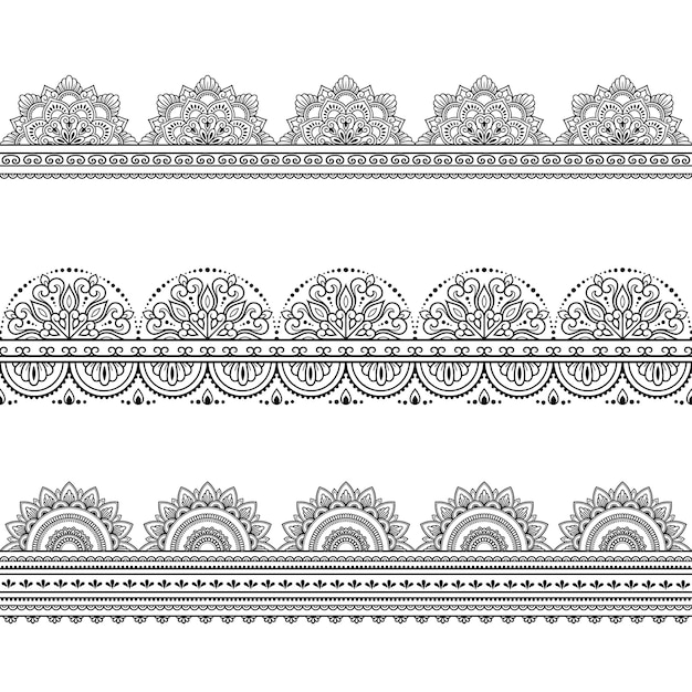 シームレスな境界線のセット。エスニックオリエンタル、インドスタイルの装飾。落書き飾り。手描きイラストの概要を説明します。