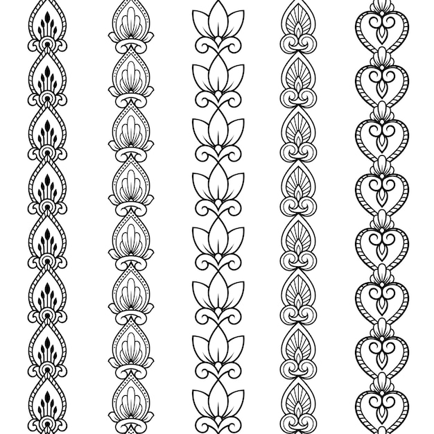 Набор бесшовных бордюров для дизайна, аппликации из хны