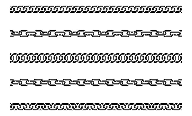 Vector set seamless chain link different chains silhouette black and white isolated on background chainlet line design elements