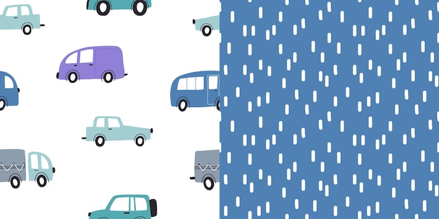 Set of seamless childish pattern with hand drawn cartoon cars Creative kids abstract texture for fabric wrapping textile wallpaper apparel Vector illustration