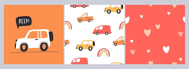 Set of seamless childish pattern with hand drawn cartoon cars Creative kids abstract texture for fabric wrapping textile wallpaper apparel Vector illustration