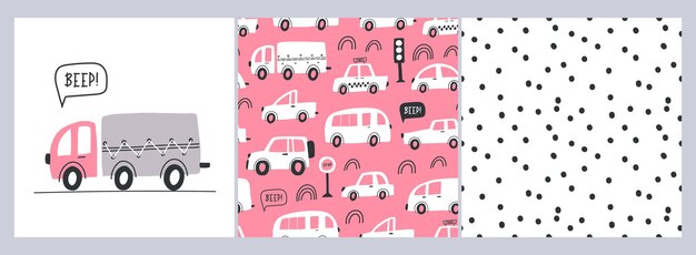 Set of seamless childish pattern with hand drawn cartoon cars Creative kids abstract texture for fabric wrapping textile wallpaper apparel Vector illustration