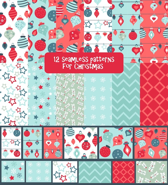 Set of seamless colorful bright and fun Christmas Winter Holidays patterns