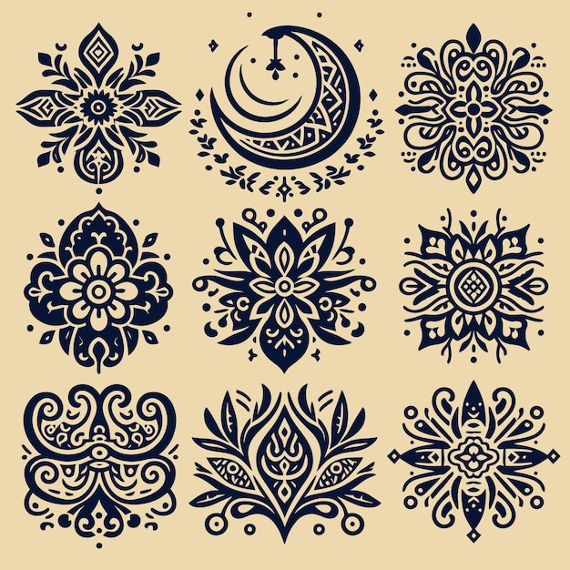 Set of Seamless Floral Batik Style Ornaments Pattern