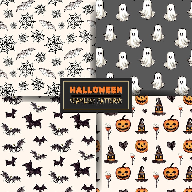 Set of seamless halloween patterns with pumpkin bat ghost cobweb Vector collection