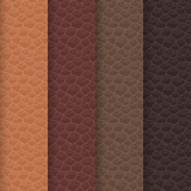 Vector set of seamless leather textures based on a brown palette. shades of the pattern are aligned with a traditional colors of caramel, chocolate, cocoa and coffee. realistic animal skin surface.