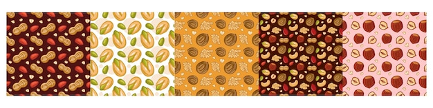 A set of seamless nuts patterns the patterns are suitable for packaging decorative paper textiles vector illustration