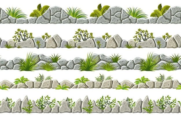 Set of seamless old gray border with grass leaves and moss