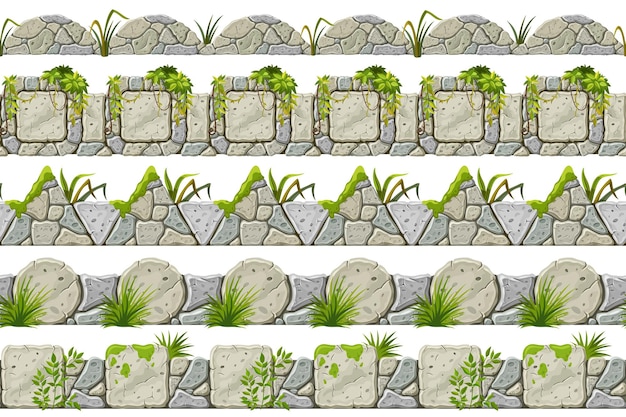 Set of seamless old gray border with grass leaves and moss