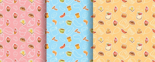 Set di seamless pattern carino cibo e bevande personaggio dei cartoni animati