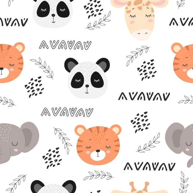 Set in seamless pattern of cute jungle animals tiger giraffe elephant panda Baby illustration