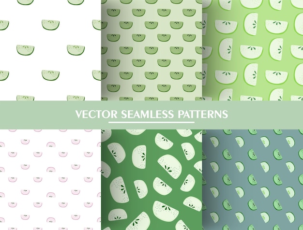 Set of seamless pattern with doodle apple slices ornament. green apple slice pattern collection.