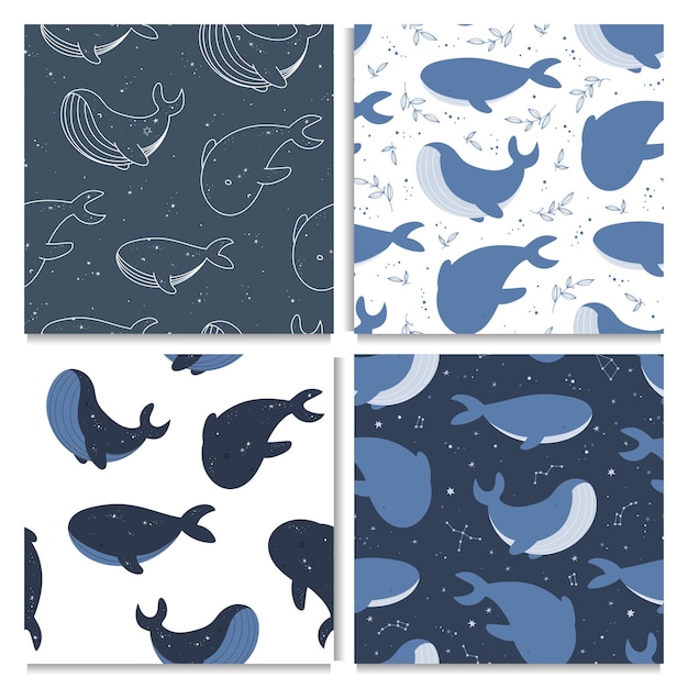 Set of seamless pattern with whales