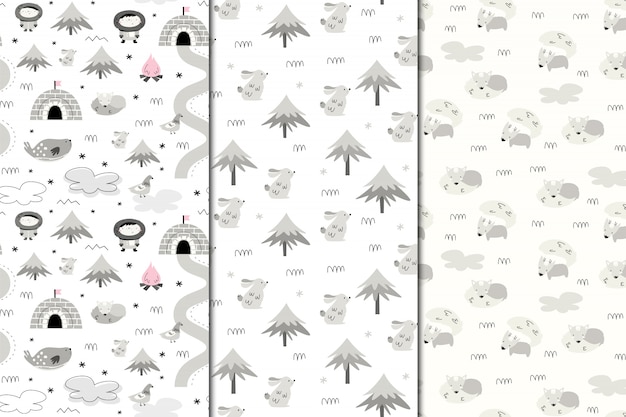 Set of  seamless patterns of Alaska. Nature and animals, Eskimos. Scandi style