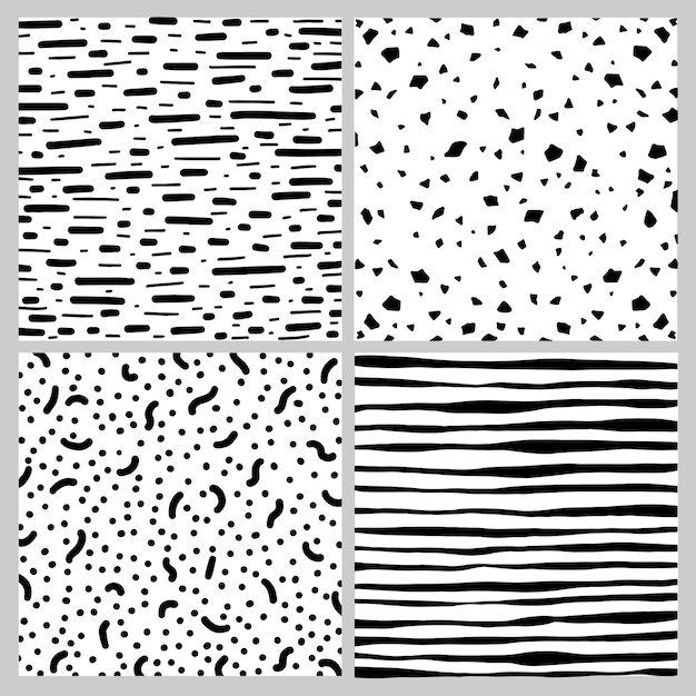 Vector set of seamless patterns in black and white doodle