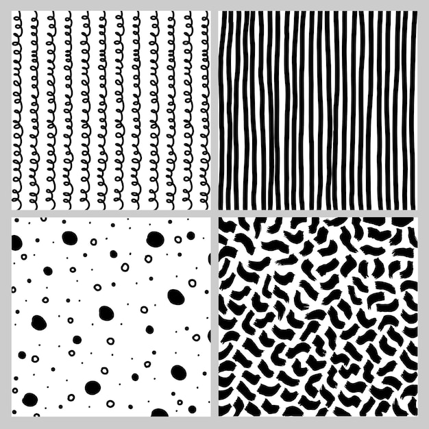 Set of seamless patterns in black and white doodle