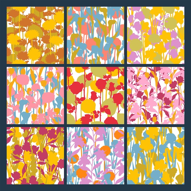 Set of seamless patterns of bright silhouettes of flowers Rose, Gerbera, Chrysanthemum, Tulip, Pion