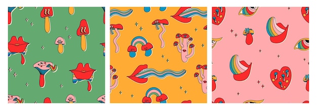 Set of seamless patterns of classic psychedelic cartoon mushrooms with faces eyes