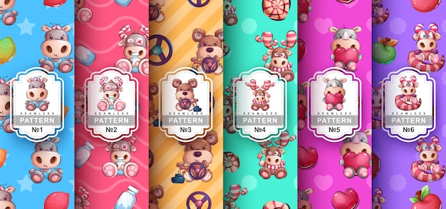 Set of seamless patterns of cute characters