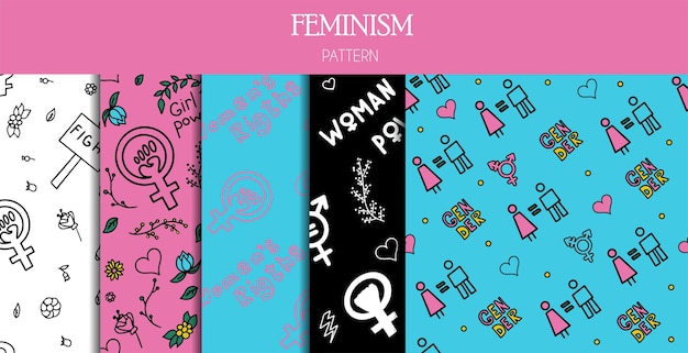 Set of seamless patterns doodle signs of feminism women s rights grunge hand drawn vector icons of f