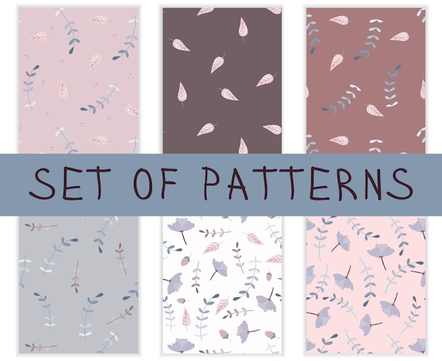 Set of seamless patterns Flowers branches leaves