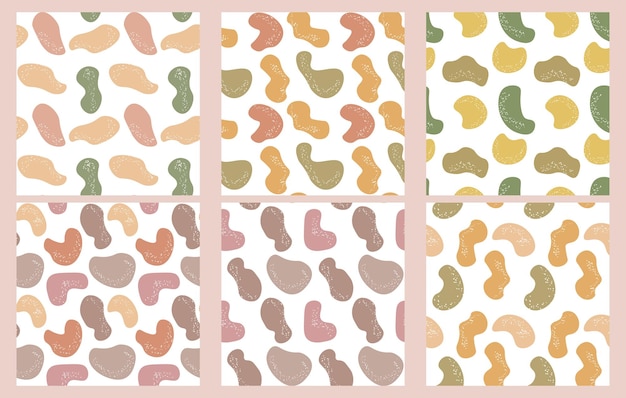 A set of seamless patterns from cute abstract shapes in gentle colors with dots for children