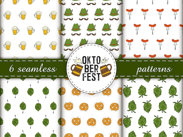 Set of seamless patterns Oktoberfest 2022 Beer Festival Handdrawn Doodle elements German Traditional holiday Color patterns with a round logo beer mugs and text