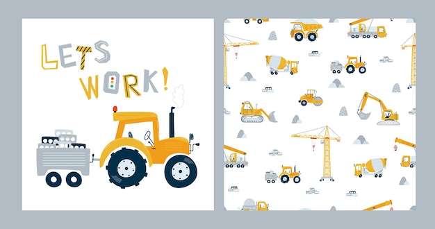 Установите бесшовные узоры и распечатайте желтый трактор. Иллюстрации со строительными машинами, самосвалом, краном и бульдозером для ребенка. Вектор