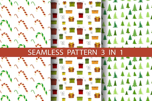 白い背景にギフトボックスクリスマスキャラメルクリスマスツリーとクリスマスパターンをテーマにしたシームレスなパターンのセットeps10ベクトルイラスト