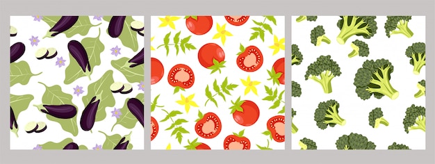 Set of seamless patterns of vegetables . graphic