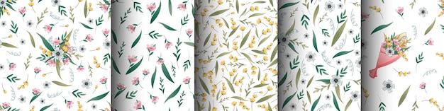 Set of seamless patterns of wild flowers on white background Texture for paper textiles wallpaper