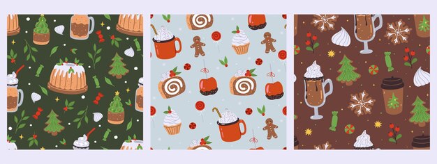 Set of seamless patterns with Christmas food and drinks Vector image