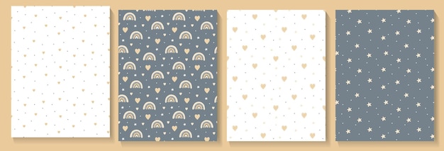 Set of seamless patterns with cute heart and rainbows stars Vector illustrations