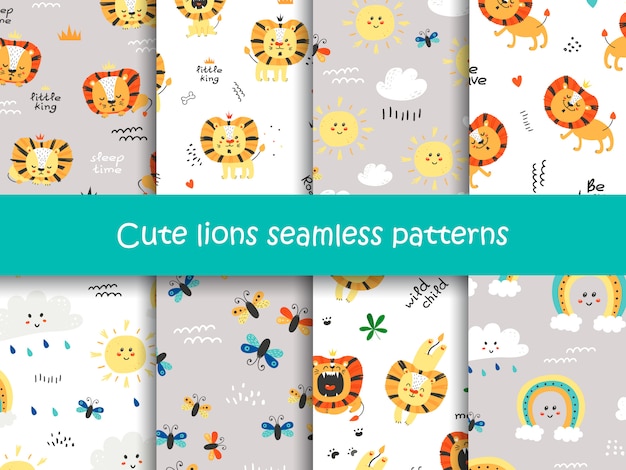 Set of seamless patterns with cute lions