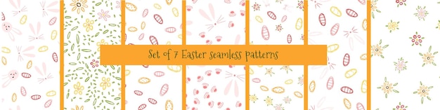 Set of seamless patterns with Easter egg bunny flowers in cartoon style spring holiday background