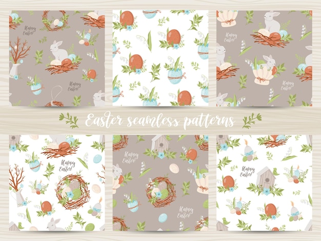 Set of seamless patterns with Easter eggs and bunnies.  illustration for wrapping paper and scrapbooking