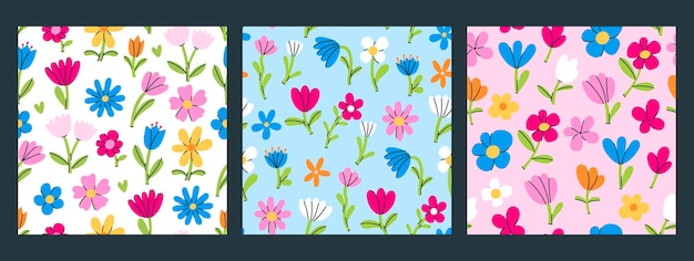 set of seamless patterns with flowers of different shapes vector graphics