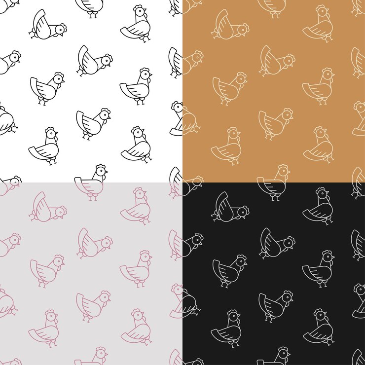 Vector set of seamless patterns with home chicken icon farm bird laying eggs ornament for decoration and