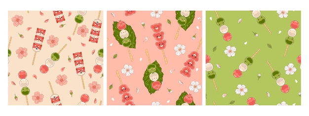 Set of seamless patterns with Japanese dango dessert Vector graphics