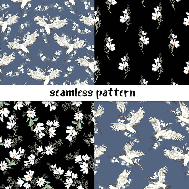 Set of seamless patterns with japanese origami cranes for your design