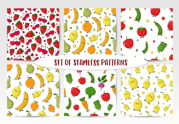 Set of seamless patterns with kawaii vegetables, fruit and berries