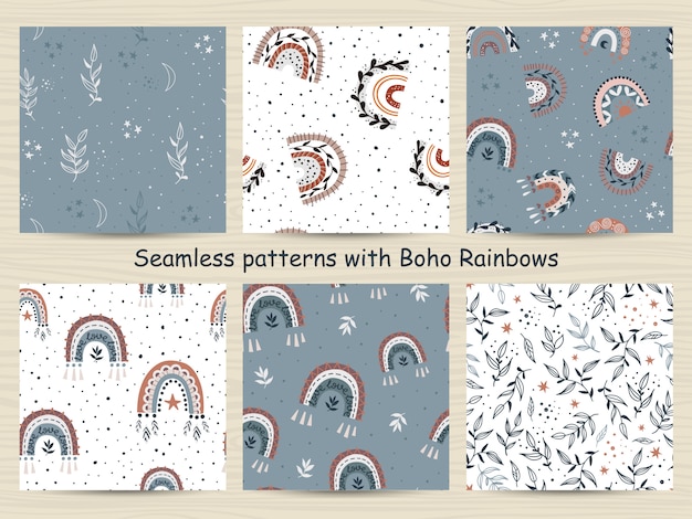 Vector set of seamless patterns with rainbows in bohemian style