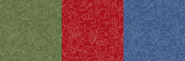 Set of seamless patterns with stylized ukrainian folk floral elements on colored backgrounds