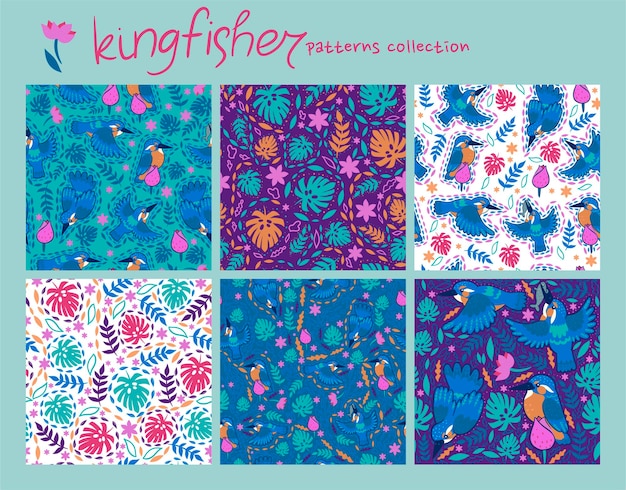 Set of seamless patterns with tropical leaves and kingfishers