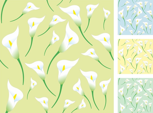 Set of seamless patterns with white calla flowers