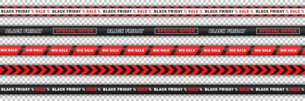 Set of seamless red realistic ribbons with text big sale Black Friday Collection of endless tapes